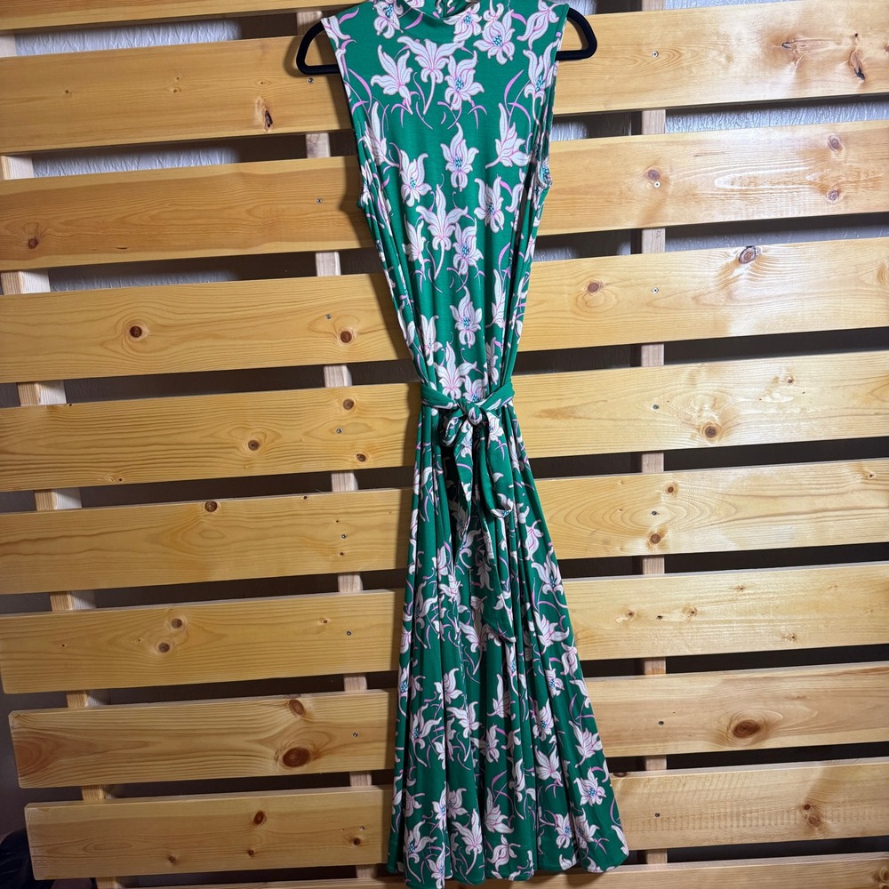 ME+EM Maxi Dress Women 8 Green Pink Floral Lily Mock Neck Sleeveless Resort - Picture 2 of 9